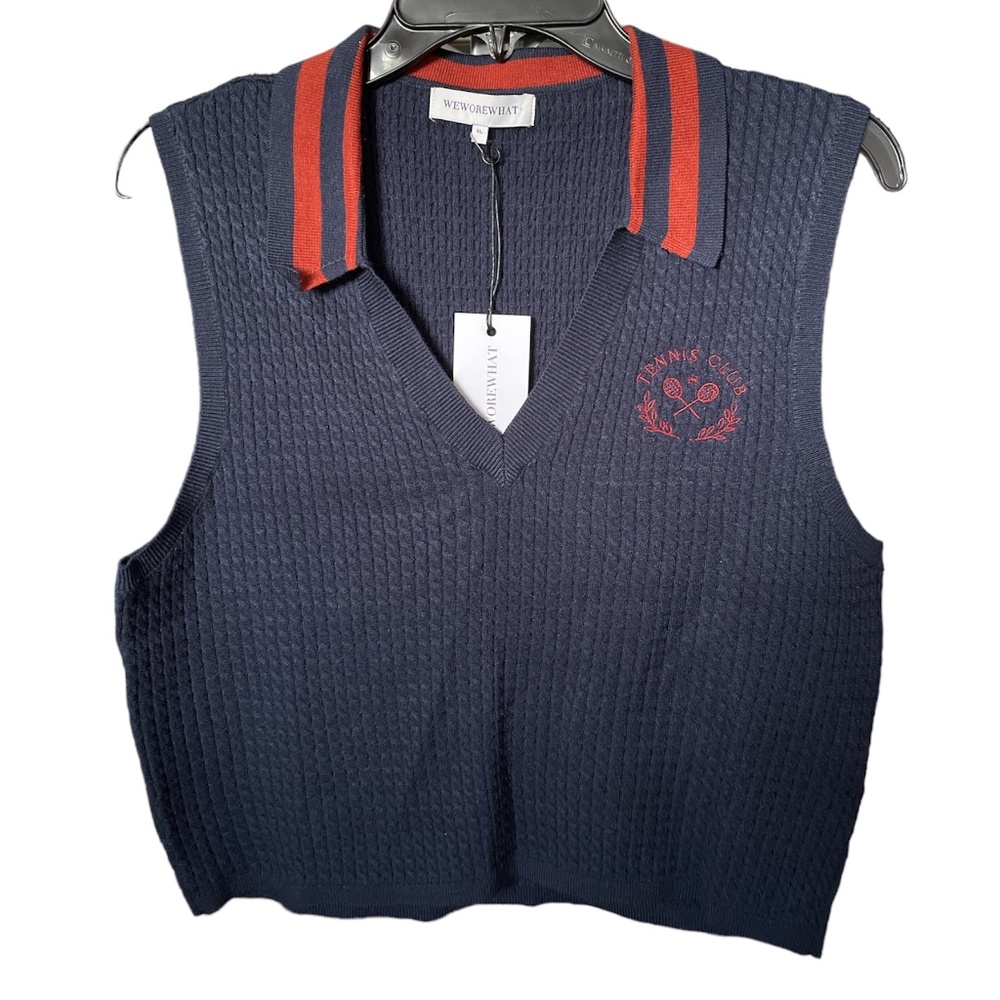 We Wore What Sweater Vest Crop V-Neck Dark Blue Strip XL NWT